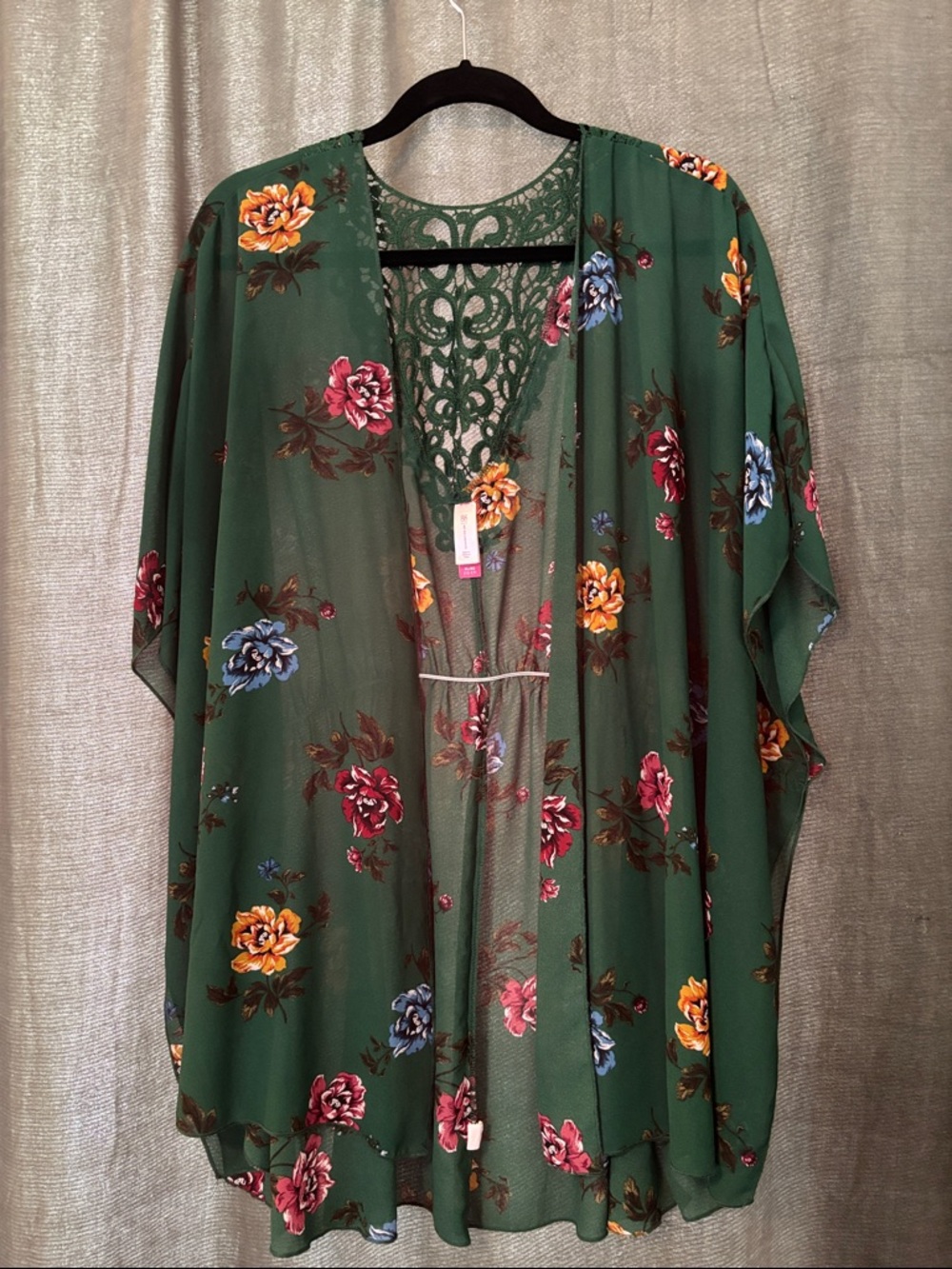 No Boundaries Green Floral Sheer Kimono with Lace Back Panel